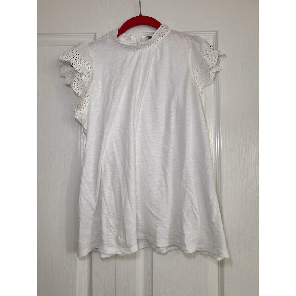 LOFT Womens SMALL Blouse WHITE Cotton SHIRT Doily Sleeve Flower